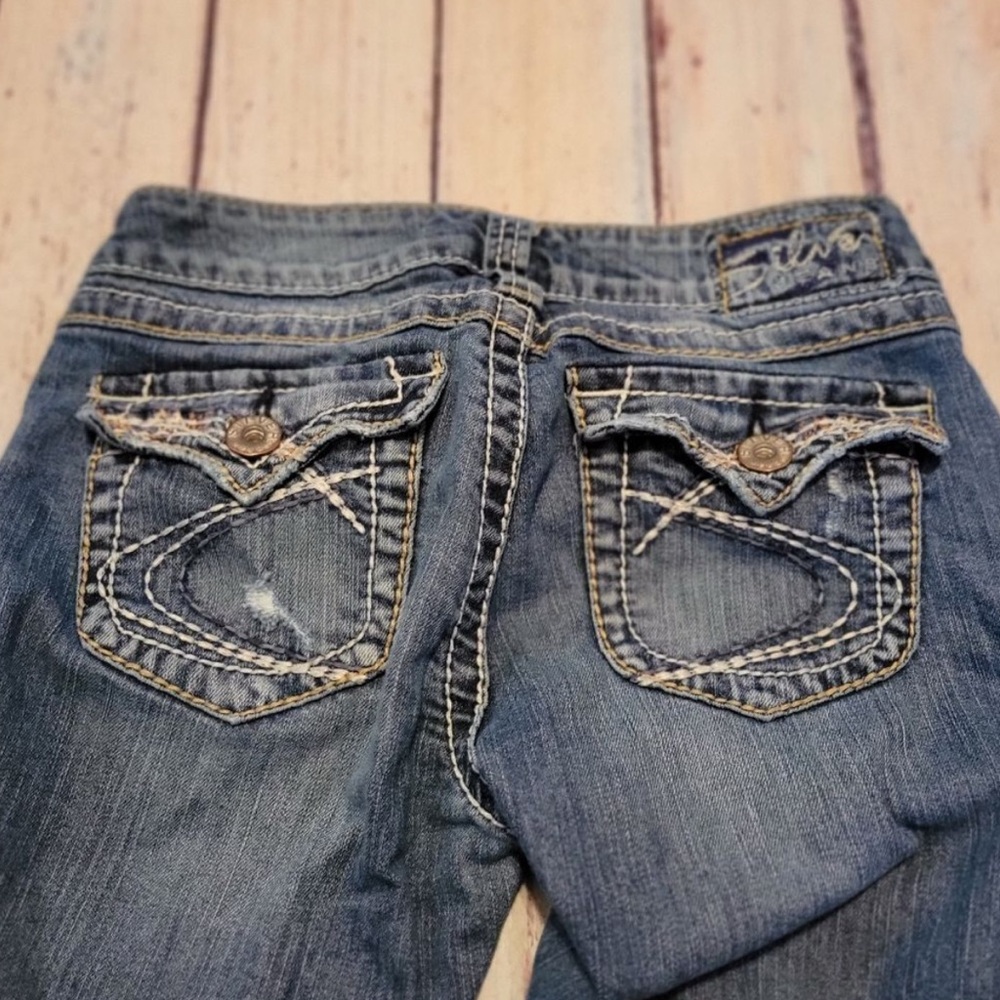 Silver Blue Cotton Blend Distressed Pioneer Bootcut Denim Jeans Size 25x31